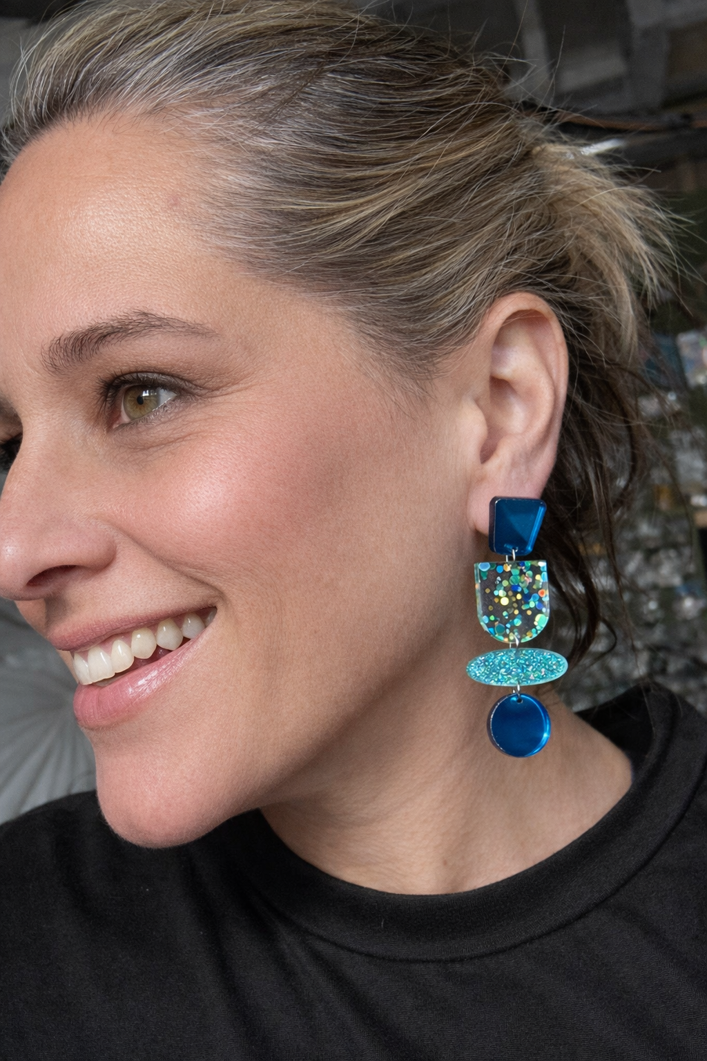 Teal Blue Glitter and Glass Dangle Earrings