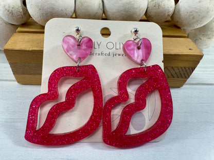 Hot Pink and Light Pink Lip and Heart Earrings