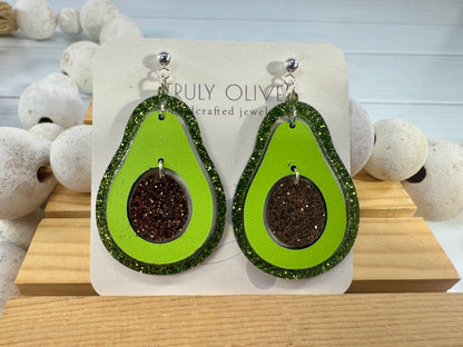 Sparkly Avocado Green Glitter Avocado Dangle Earrings