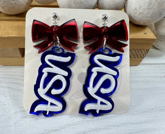 Patriotic USA Bow Dangle Earrings