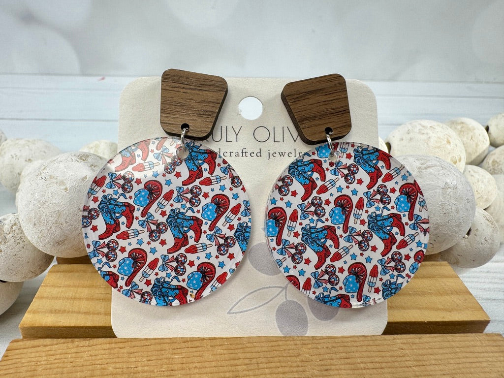 Patriotic Tiered Western Boots and Hat Post Back Earrings