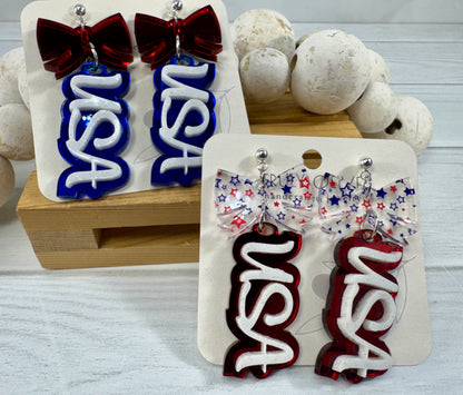 Patriotic USA Bow Dangle Earrings