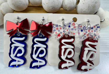 Patriotic USA Bow Dangle Earrings