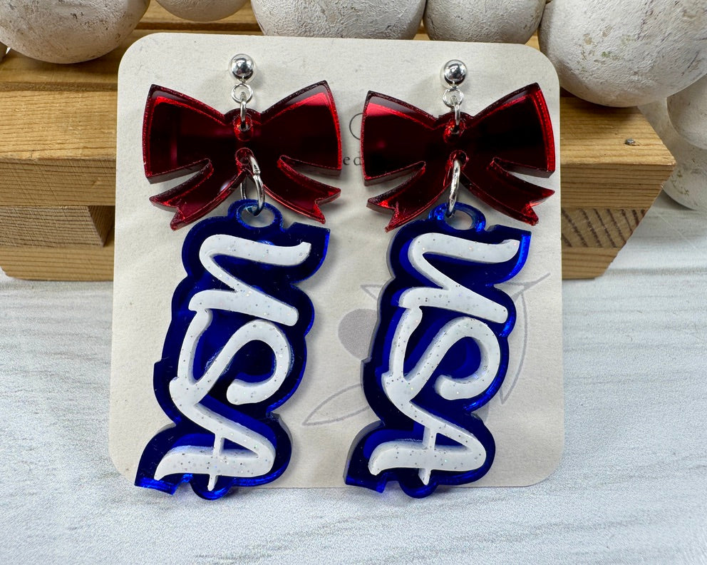 Patriotic USA Bow Dangle Earrings