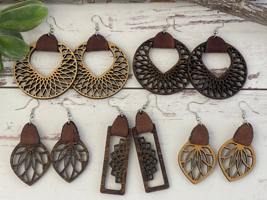 Filigree Natural Wood and Leather Lightweight Hoop Earrings