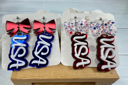 Patriotic USA Bow Dangle Earrings