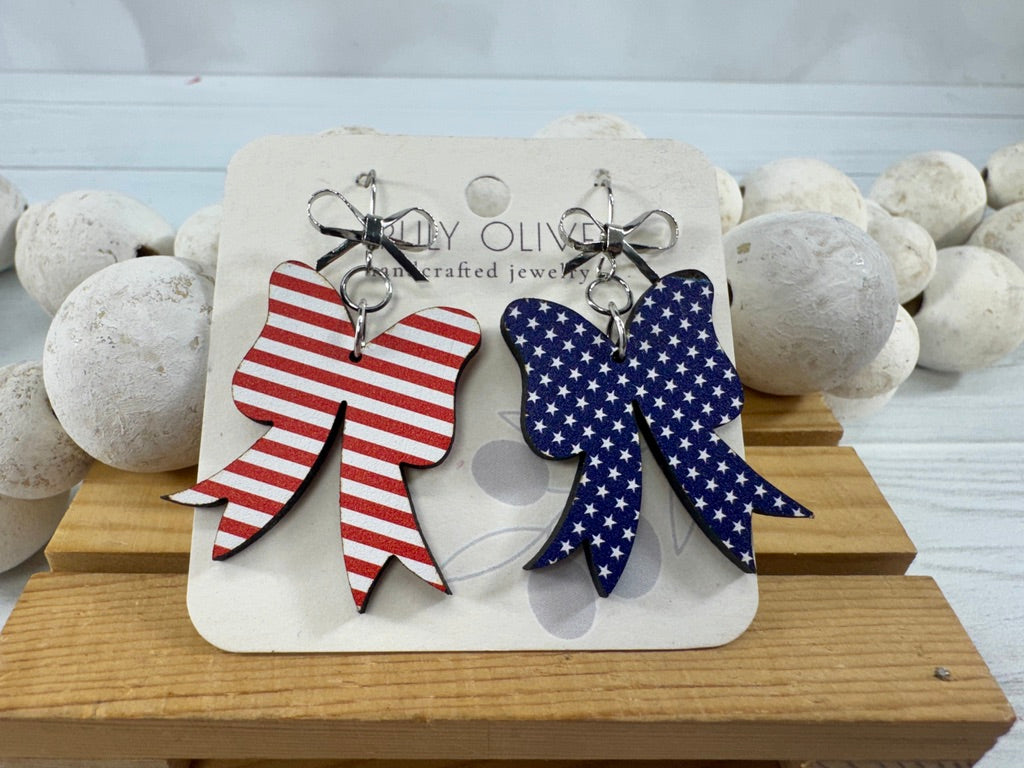 Patriotic Coquette Bow Red White and Blue Earrings