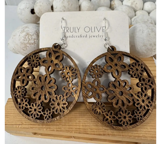 Truly Olive Groovy Flower Pattern Wood Earrings - Earrings Dangle Earrings
