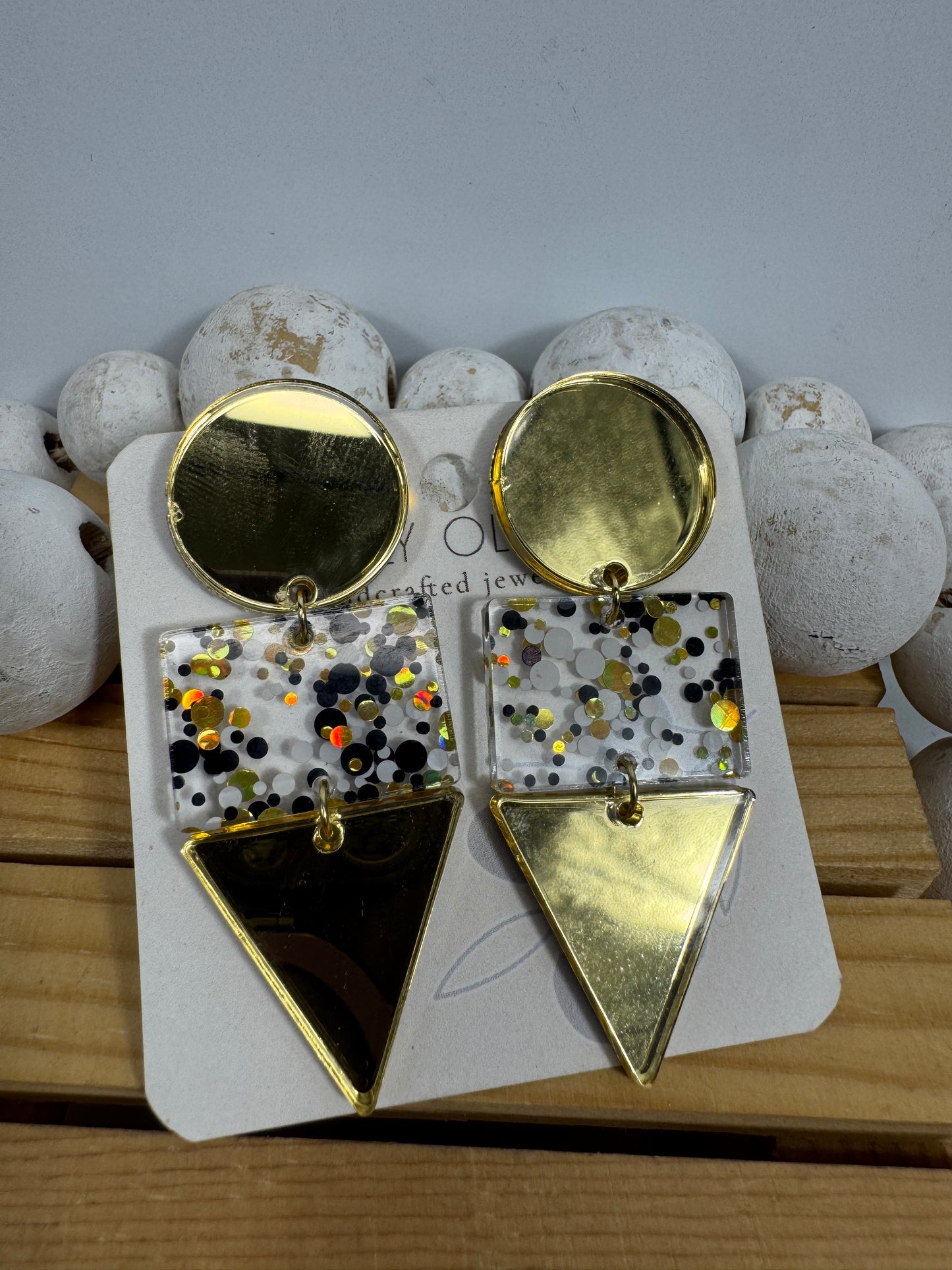 Gold Black and White Glitter Confetti Acrylic Earrings