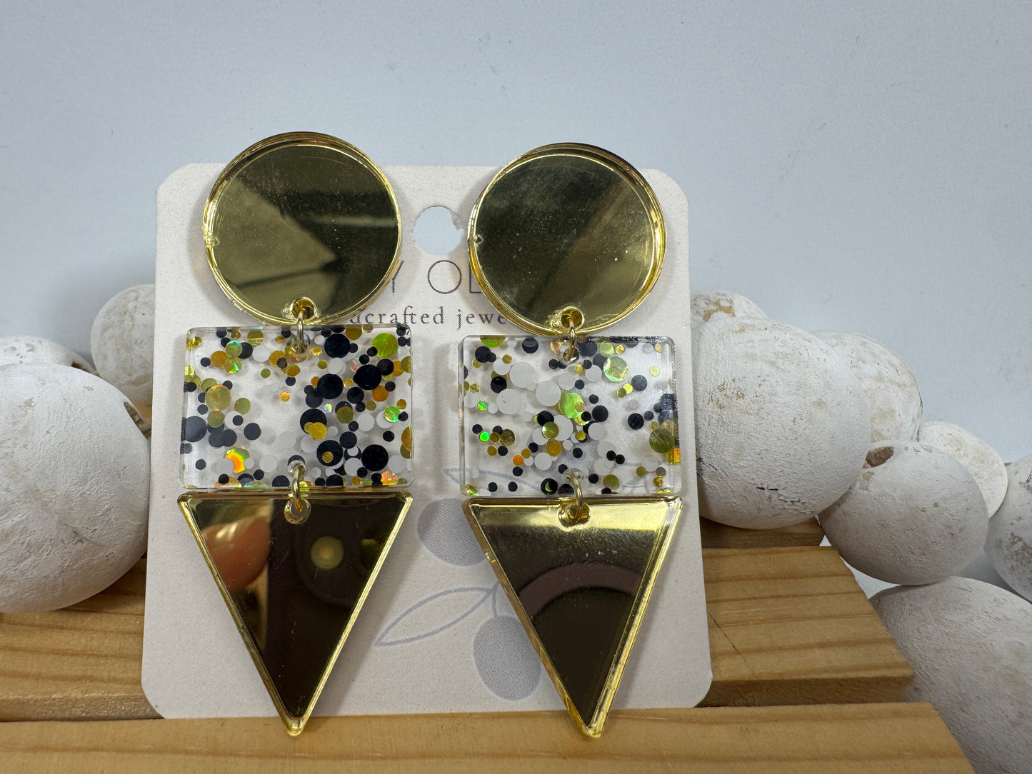 Gold Black and White Glitter Confetti Acrylic Earrings