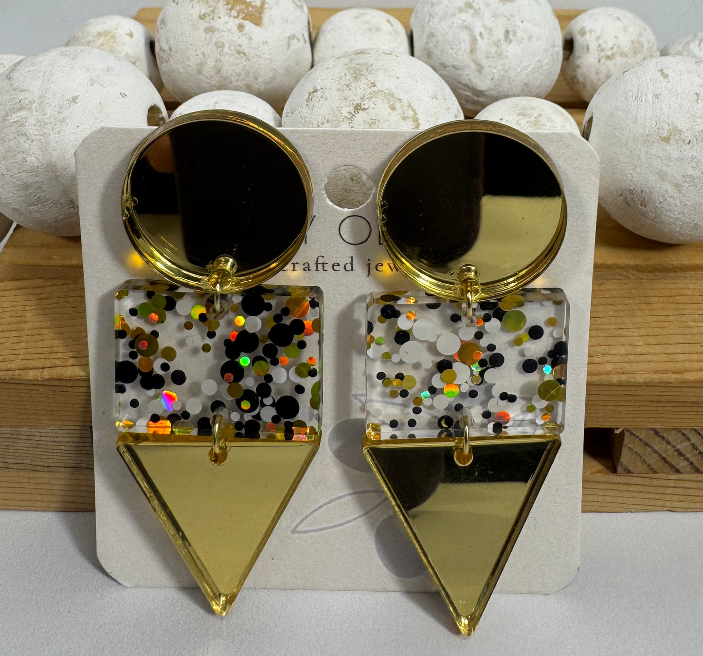Gold Black and White Glitter Confetti Acrylic Earrings