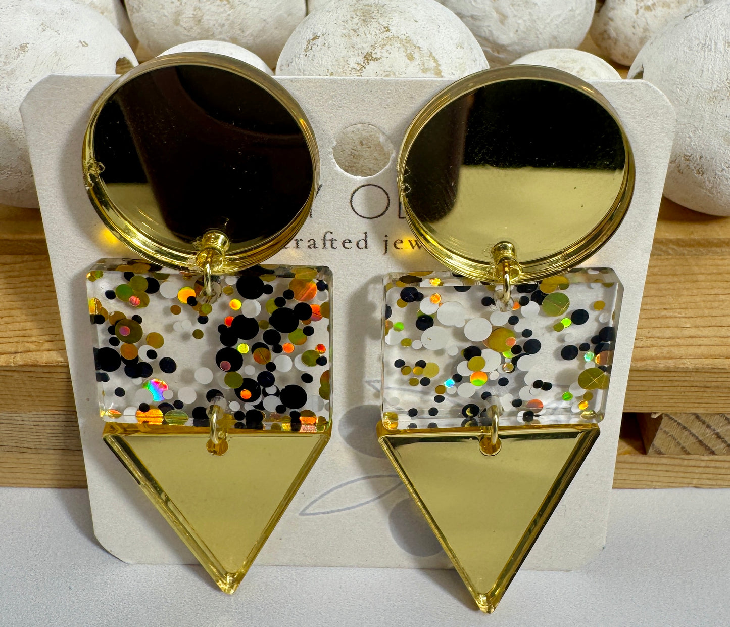 Gold Black and White Glitter Confetti Acrylic Earrings