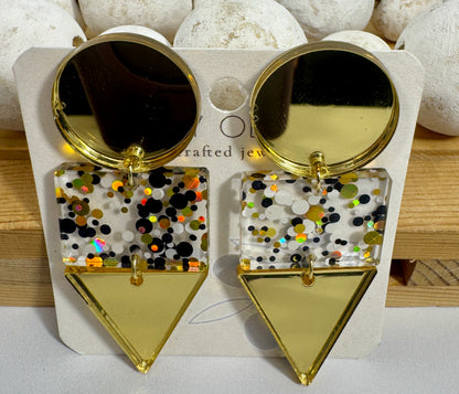 Gold Black and White Glitter Confetti Acrylic Earrings