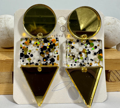 Gold Black and White Glitter Confetti Acrylic Earrings