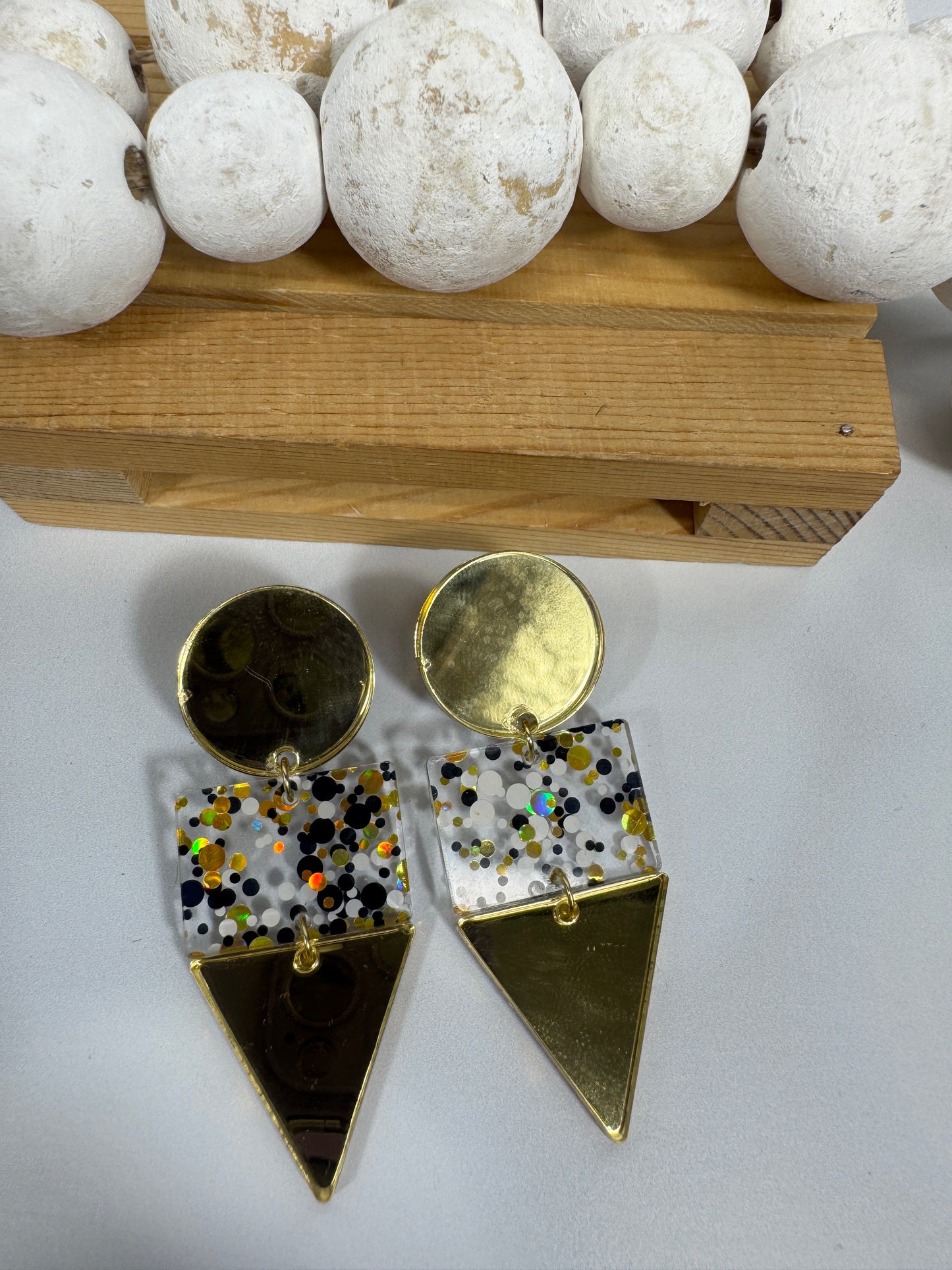 Gold Black and White Glitter Confetti Acrylic Earrings