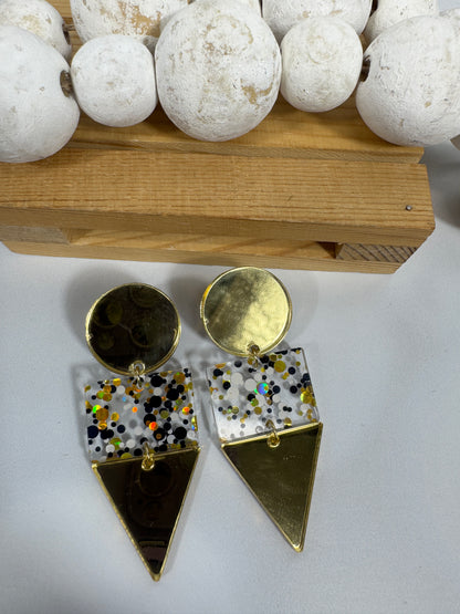 Gold Black and White Glitter Confetti Acrylic Earrings
