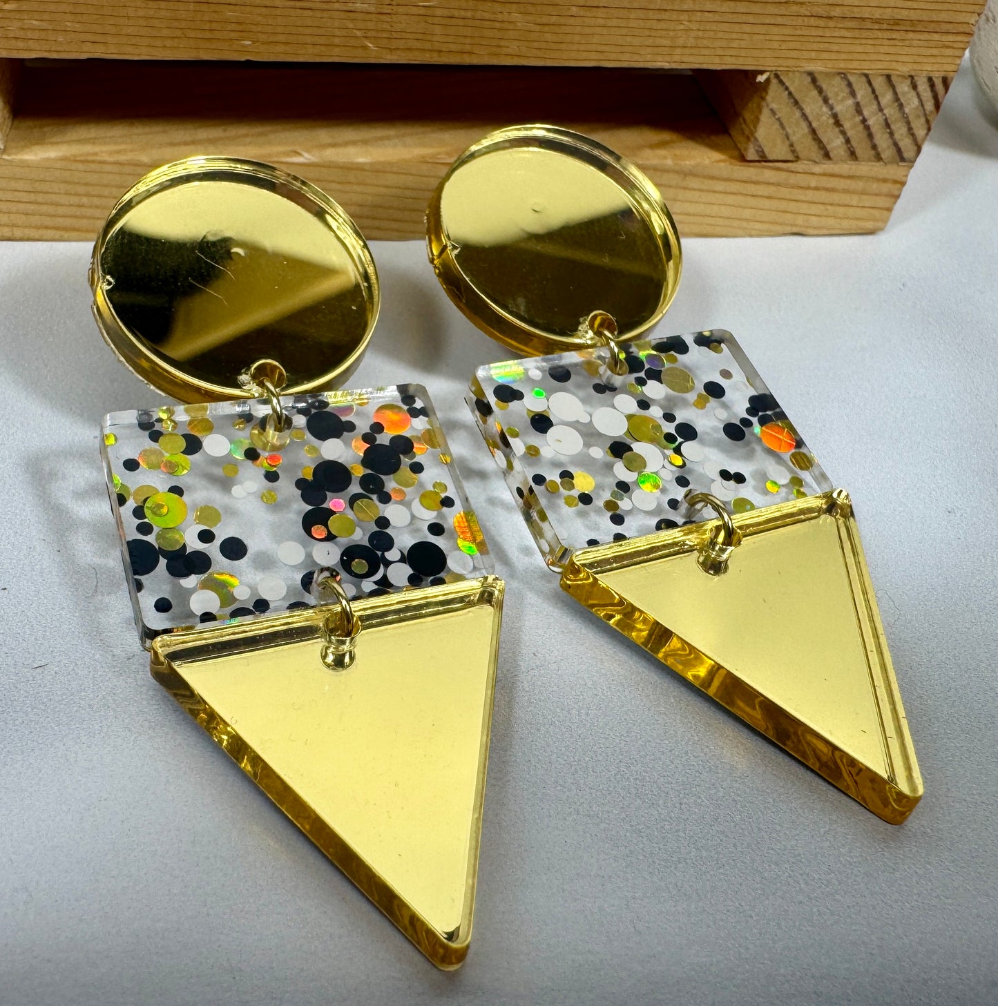 Gold Black and White Glitter Confetti Acrylic Earrings