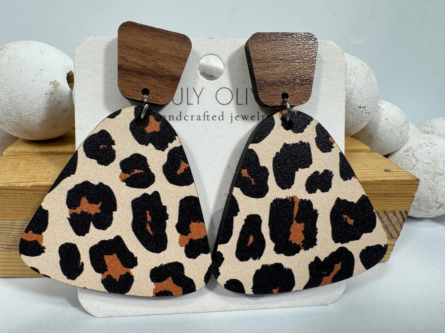 Exotic Leopard Print Reclaimed Wood Earrings