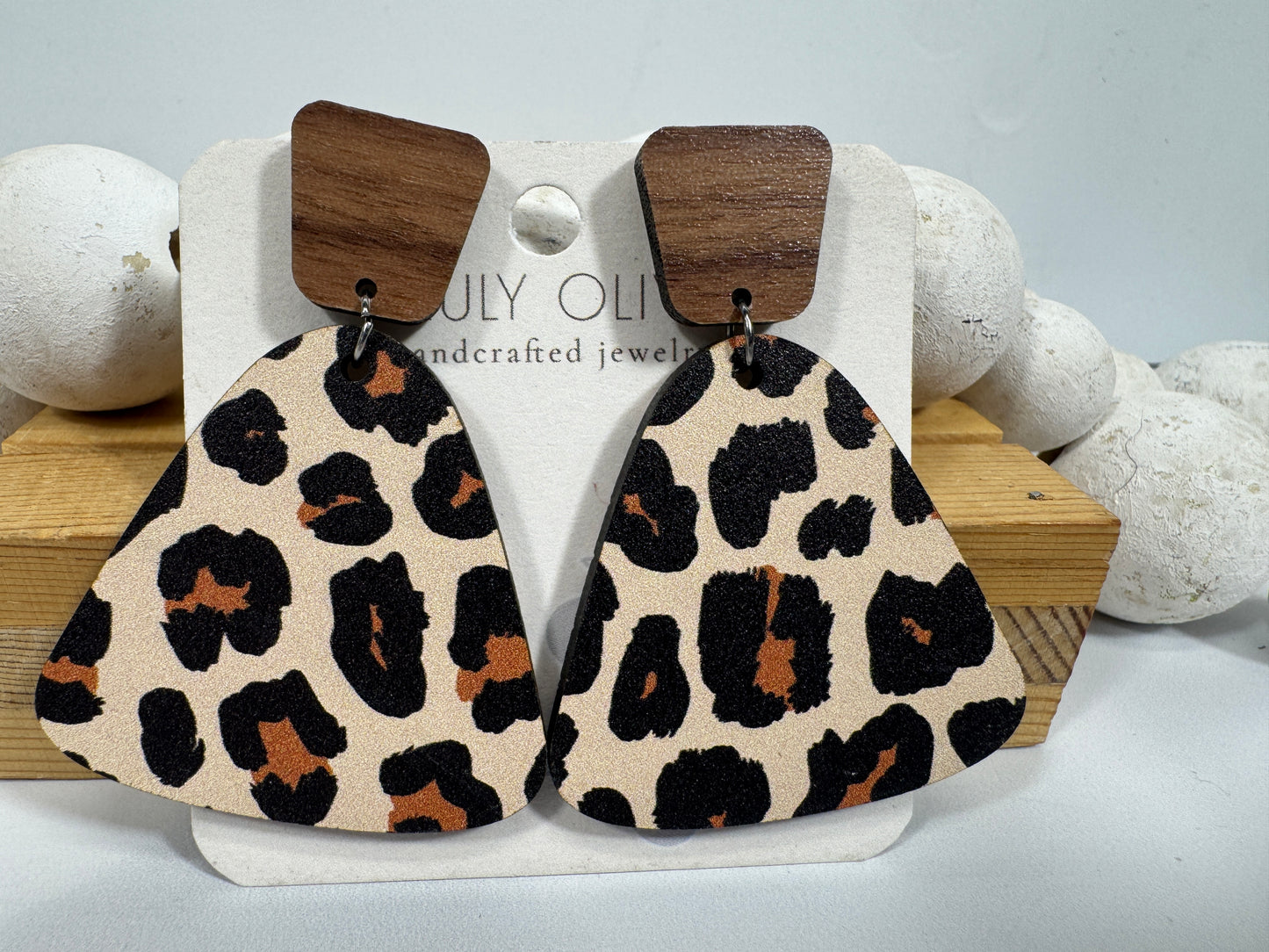 Exotic Leopard Print Reclaimed Wood Earrings