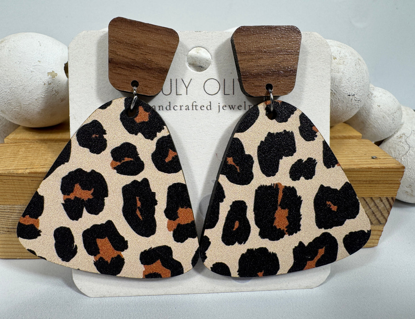 Exotic Leopard Print Reclaimed Wood Earrings