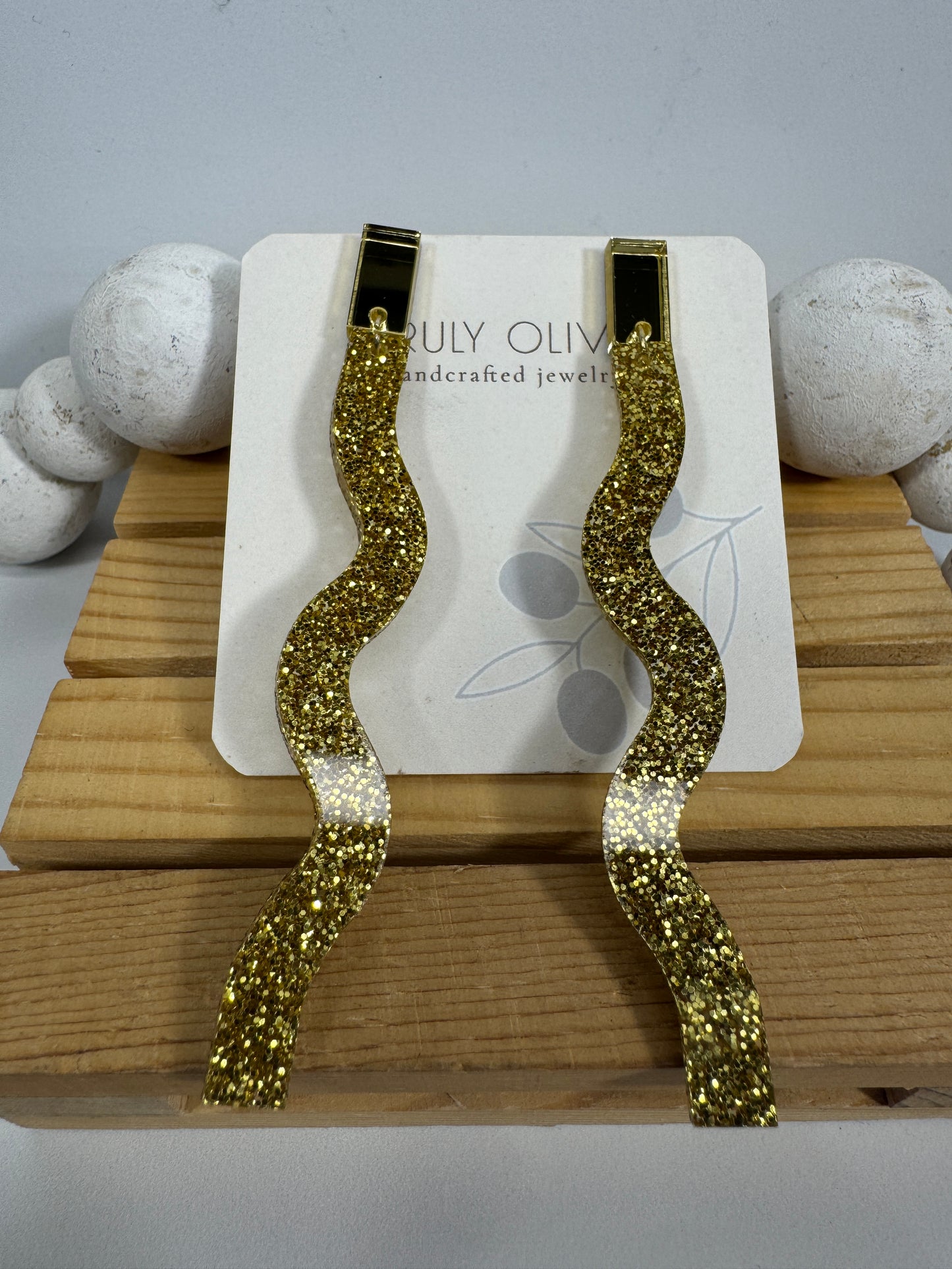 Long Dangle Glitter Gold Acrylic Holiday Earrings