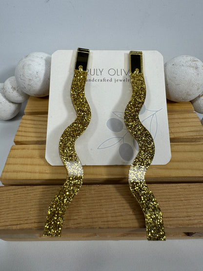 Long Dangle Glitter Gold Acrylic Holiday Earrings