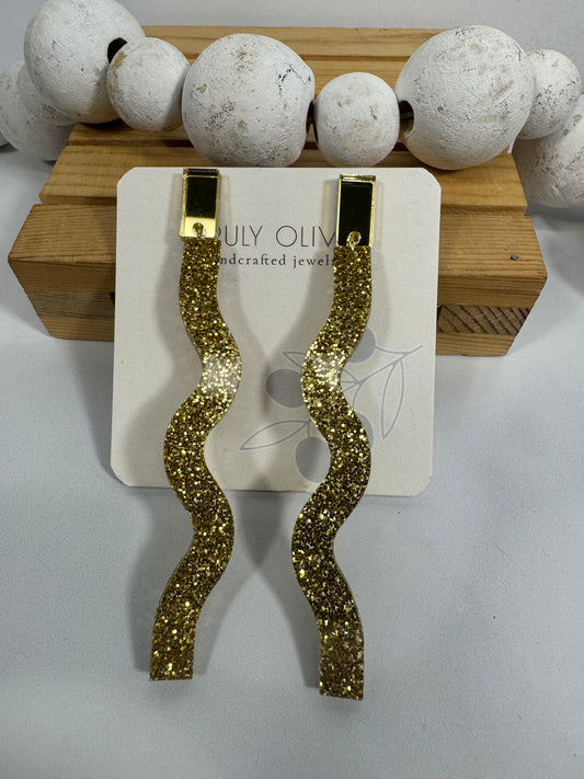 Long Dangle Glitter Gold Acrylic Holiday Earrings