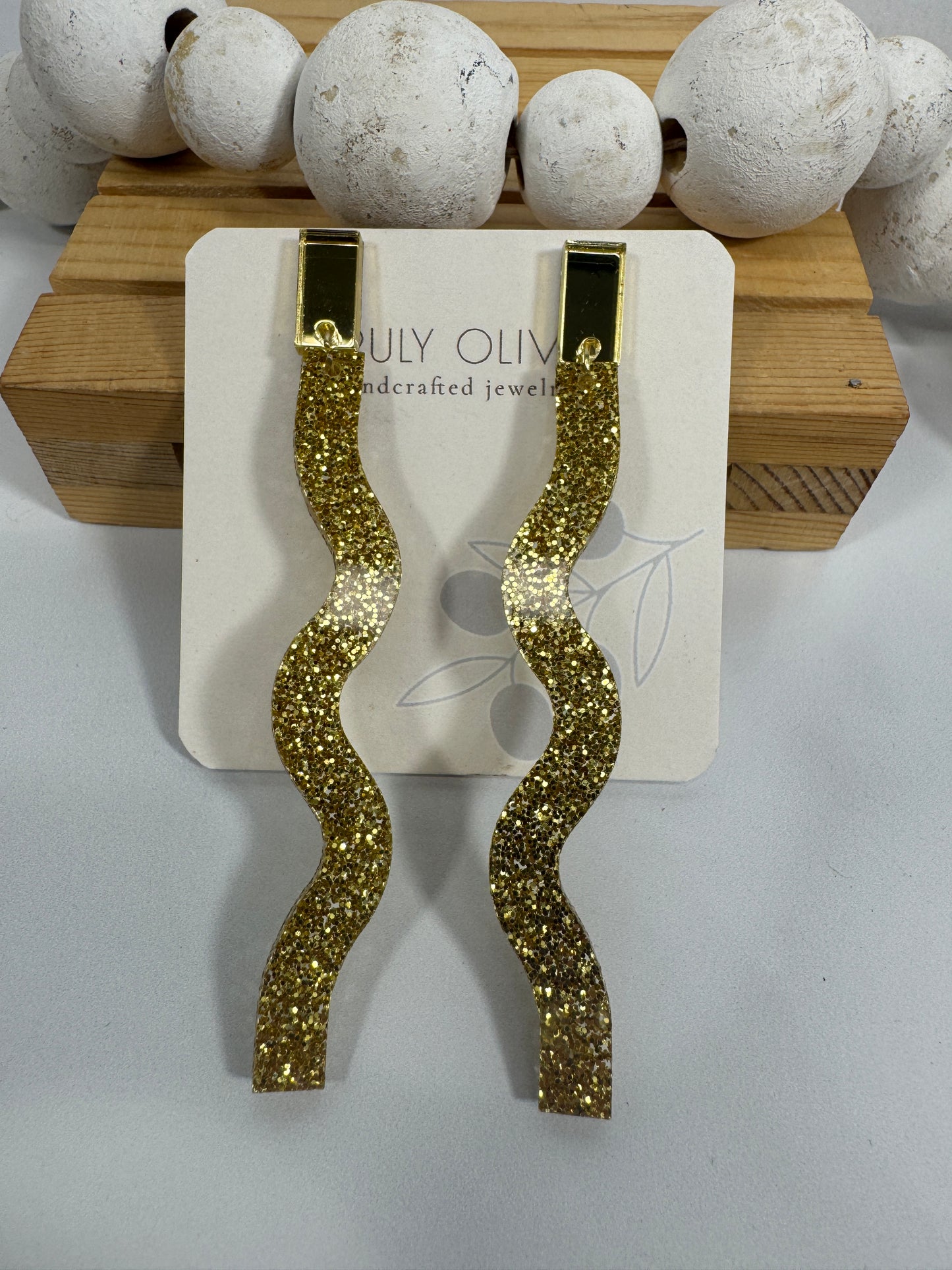 Long Dangle Glitter Gold Acrylic Holiday Earrings