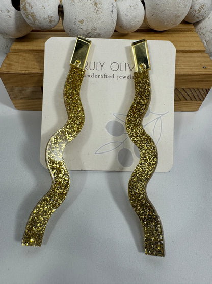 Long Dangle Glitter Gold Acrylic Holiday Earrings