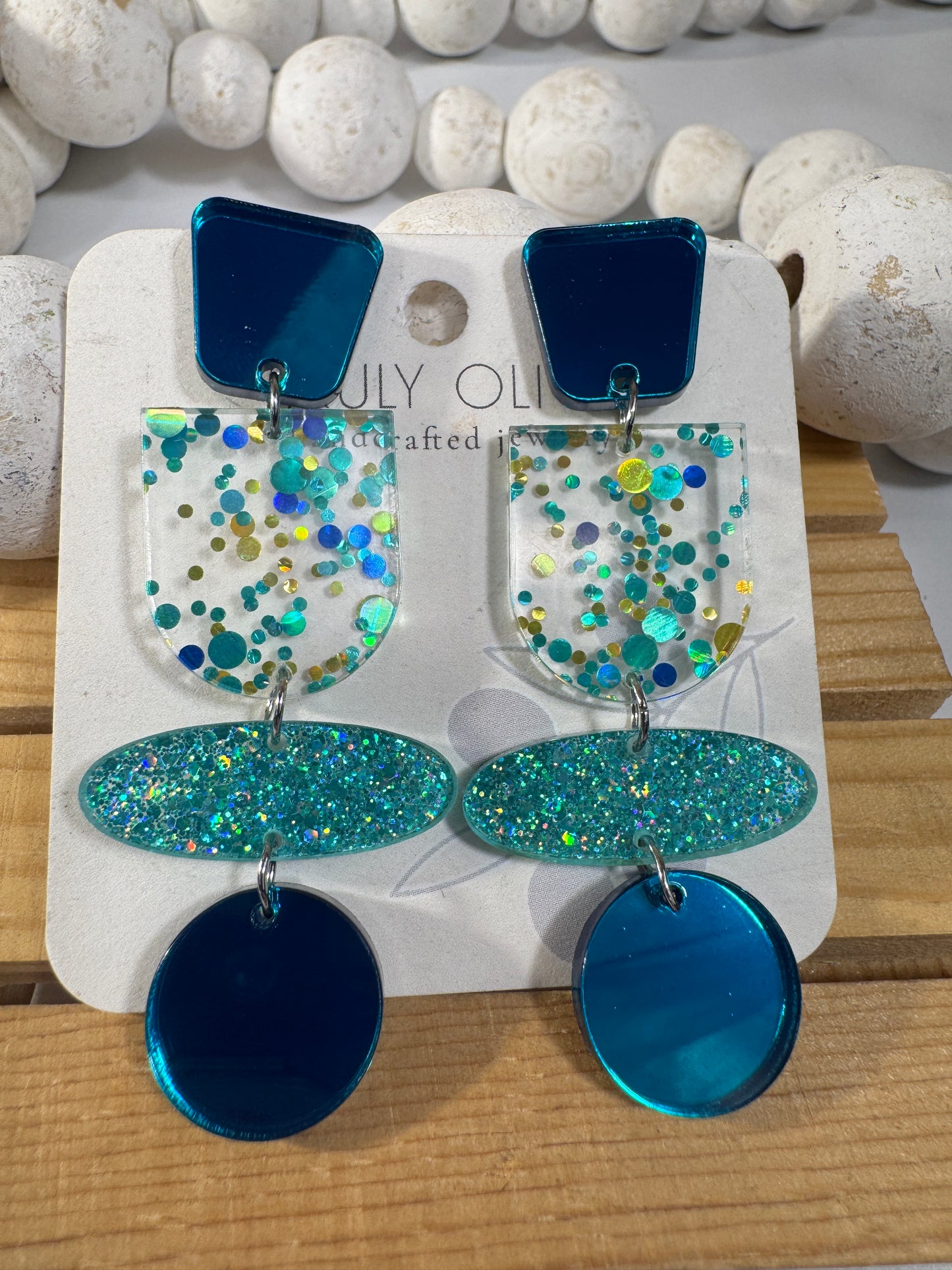 Teal Blue Glitter and Glass Dangle Earrings