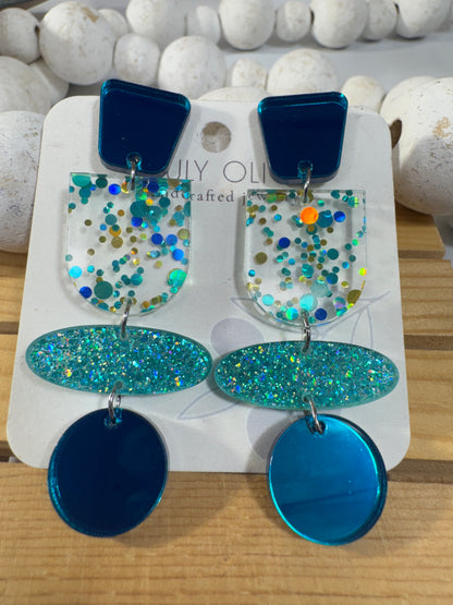 Teal Blue Glitter and Glass Dangle Earrings