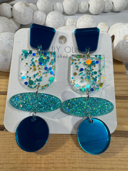 Teal Blue Glitter and Glass Dangle Earrings