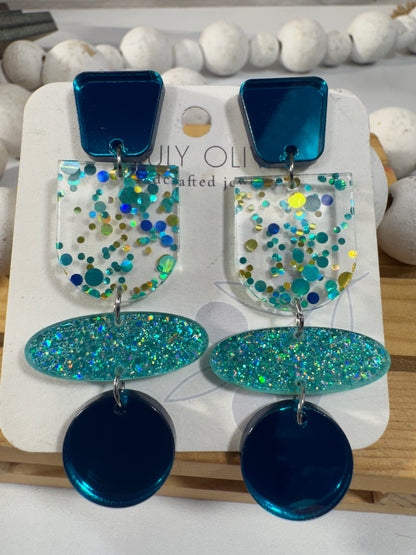 Teal Blue Glitter and Glass Dangle Earrings