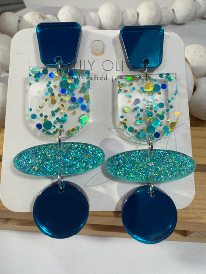 Teal Blue Glitter and Glass Dangle Earrings