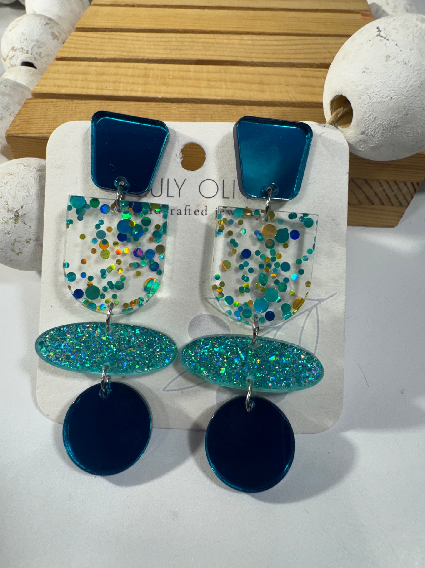 Teal Blue Glitter and Glass Dangle Earrings