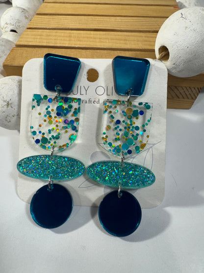 Teal Blue Glitter and Glass Dangle Earrings