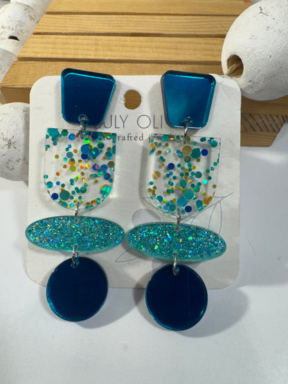 Teal Blue Glitter and Glass Dangle Earrings