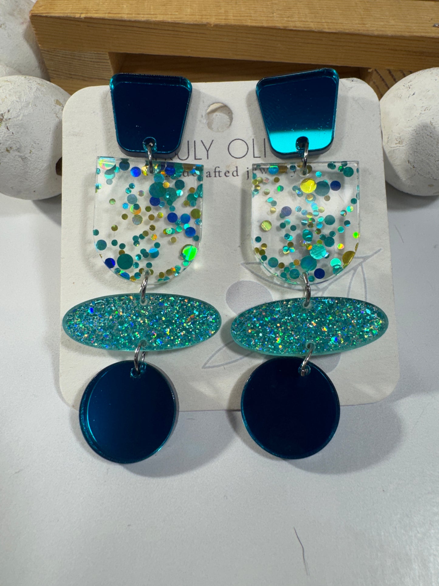 Teal Blue Glitter and Glass Dangle Earrings