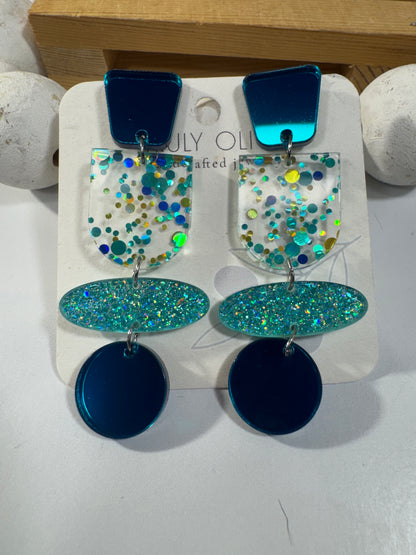 Teal Blue Glitter and Glass Dangle Earrings