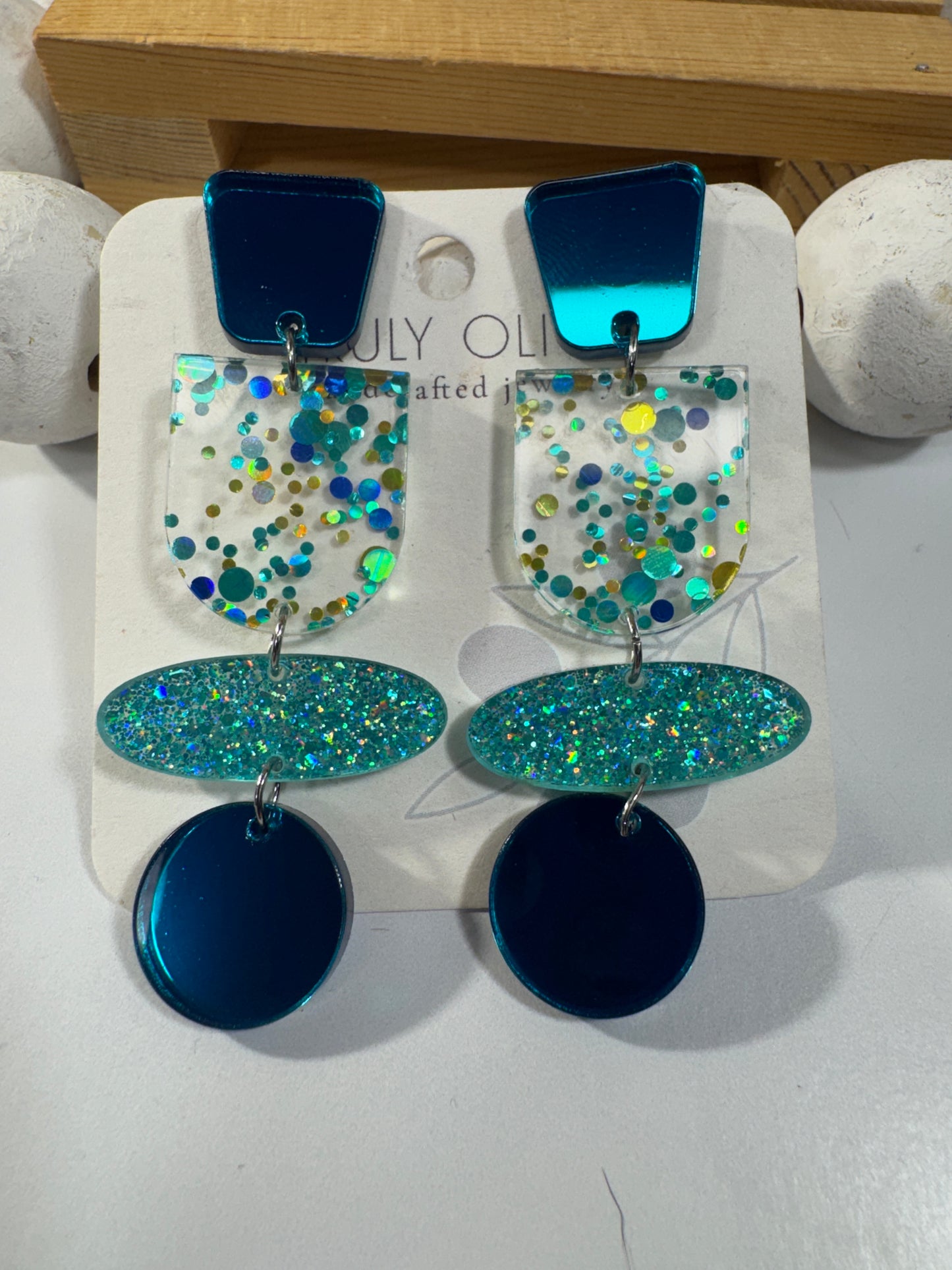 Teal Blue Glitter and Glass Dangle Earrings