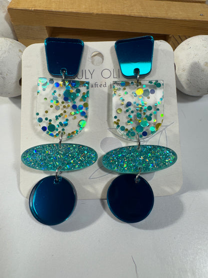 Teal Blue Glitter and Glass Dangle Earrings