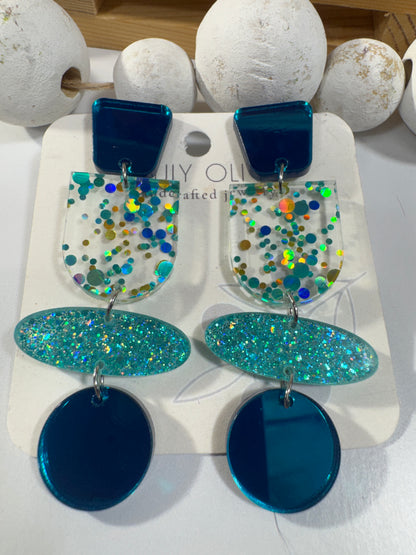 Teal Blue Glitter and Glass Dangle Earrings
