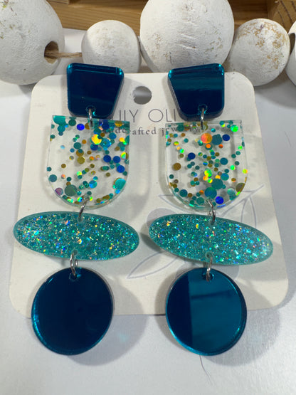 Teal Blue Glitter and Glass Dangle Earrings