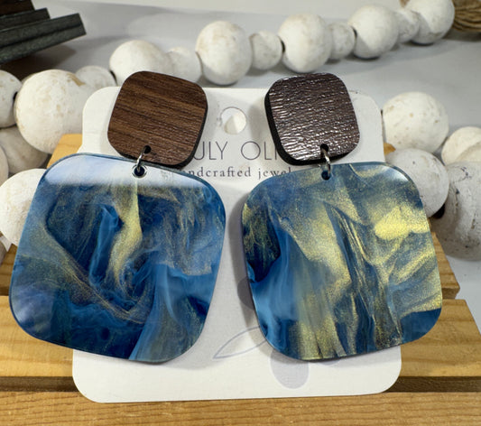 Blue Swirl and Walnut Wood Handcrafted Statement Earrings
