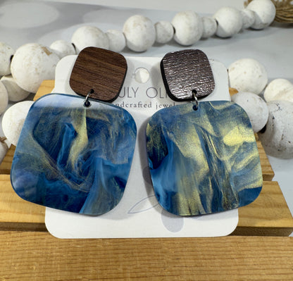 Blue Swirl and Walnut Wood Handcrafted Statement Earrings