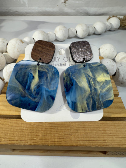 Blue Swirl and Walnut Wood Handcrafted Statement Earrings