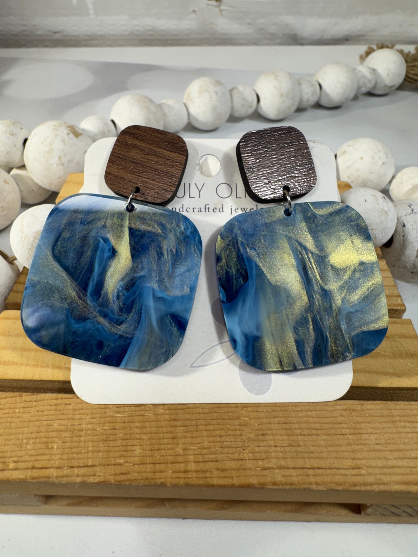 Blue Swirl and Walnut Wood Handcrafted Statement Earrings