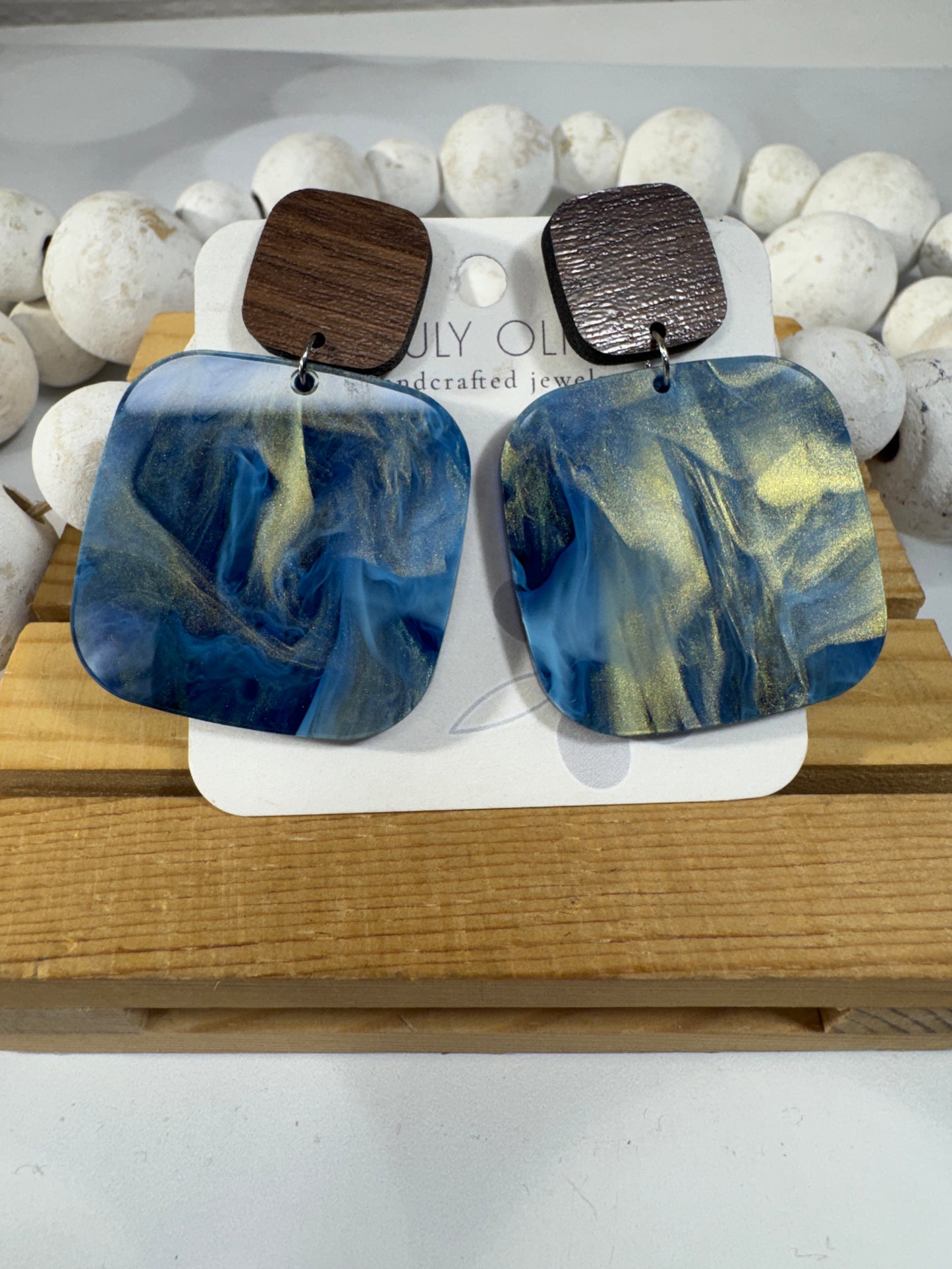 Blue Swirl and Walnut Wood Handcrafted Statement Earrings