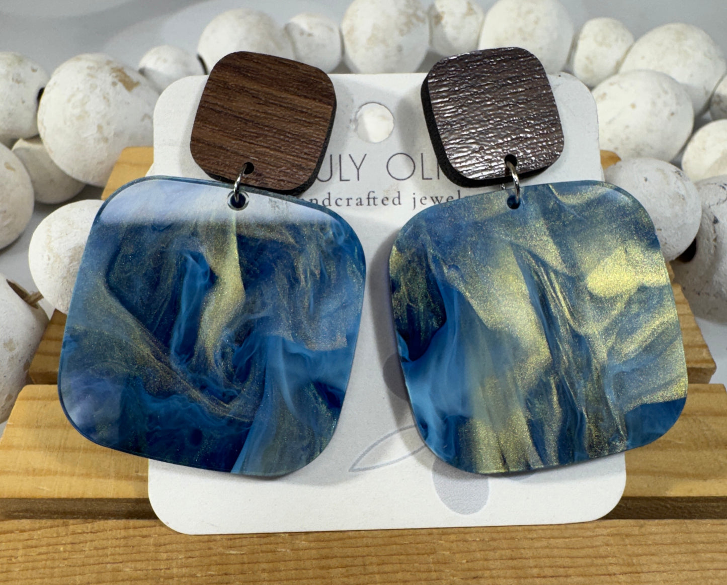 Blue Swirl and Walnut Wood Handcrafted Statement Earrings