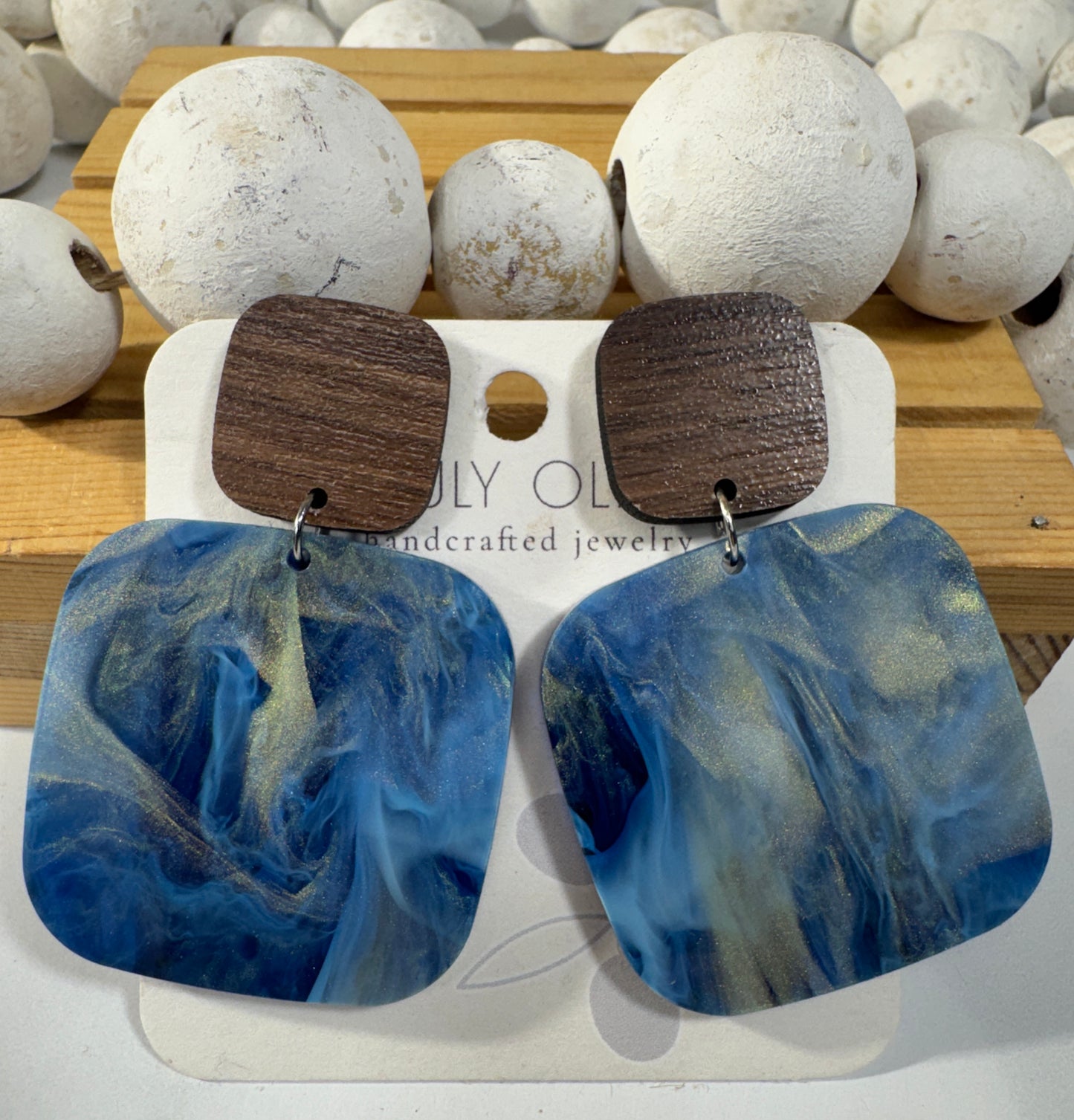 Blue Swirl and Walnut Wood Handcrafted Statement Earrings